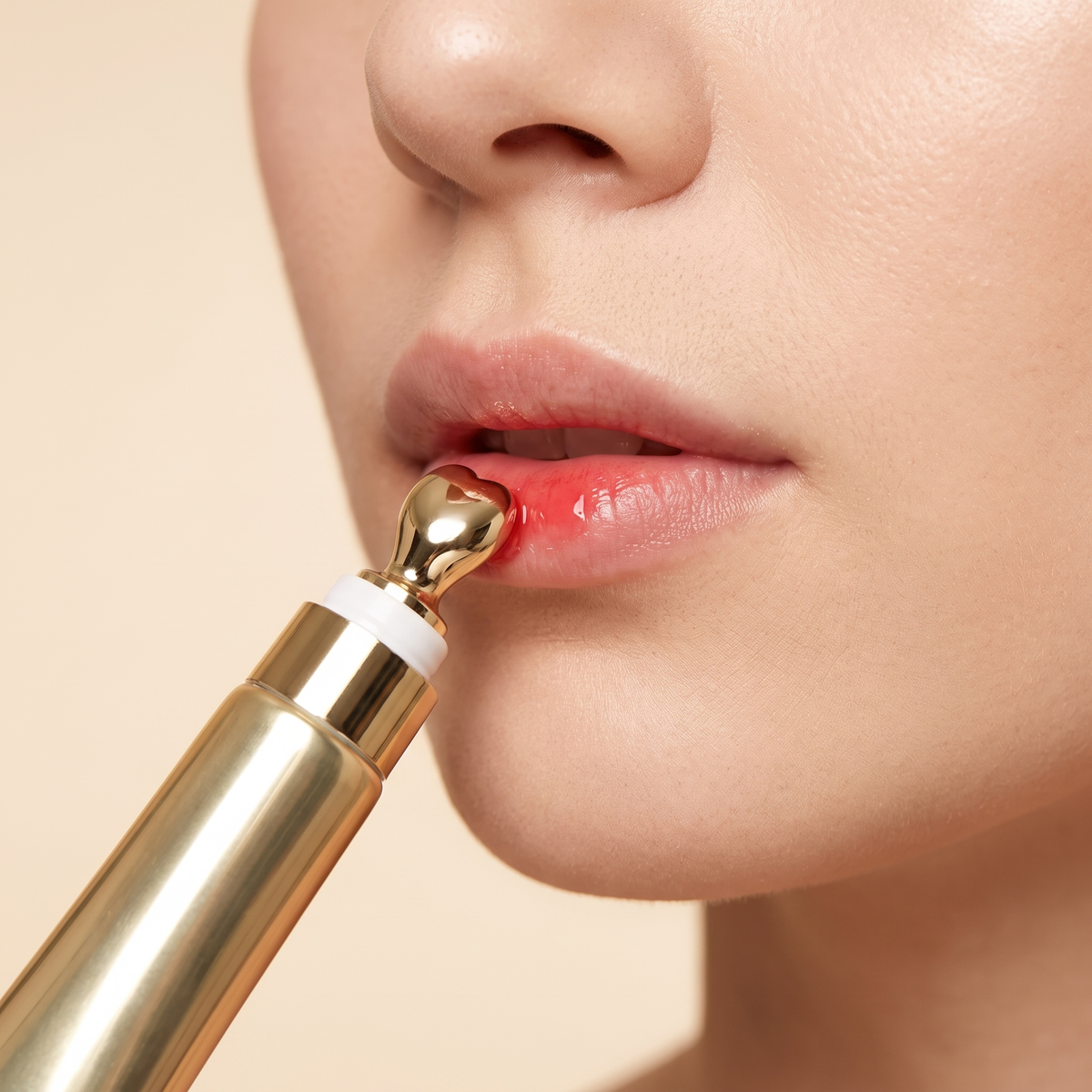 Gold massage applicator being rolled across a lower lip.